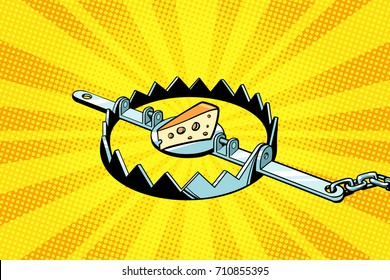 Iron trap with cheese, mousetrap. Pop art retro vector illustration
