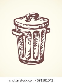 Iron trashbin for refuse isolated on white backdrop. Freehand outline black ink hand drawn picture sign sketchy in art retro scribble style pen on paper. Close up view with space for text