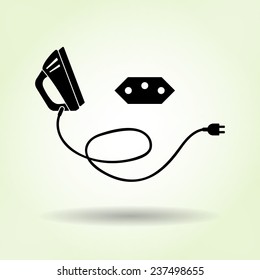 Iron with two-pin plug and Brazilian socket base icon. Black sign with shadow on light green. Electric appliance for dress smoothing symbol. Vector isolated