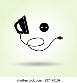 Iron with two-pin plug and European socket base icon. Black sign with shadow on light green. Retro electric appliance for dress smoothing symbol. Vector isolated