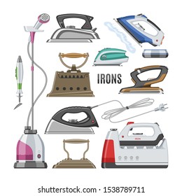 Iron vector ironing electric household appliance steamer of laundry housework illustration irony housekeeping set of hot irony steam equipment isolated on white background.