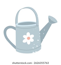 An iron watering can with a texture. Flat isolated color illustration with doodle elements. It is suitable for postcards, prints, blog design, children's books, packaging design, and spring projects