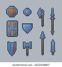 iron weapons and shields collection set in pixel art style