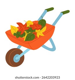 iron wheelbarrow filled with harvested autumn foliage. Gardening tools. Flat color illustration. courtyard. Suitable for gardening, site maintenance, weed control, agricultural machinery, manual labor