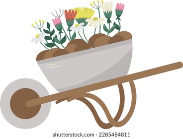 carretilla de hierro con flores para plantar. Diferentes plántulas de flores planas. Ilustración vectorial aislada en fondo transparente.