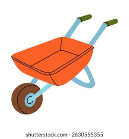 iron wheelbarrow on one wheel, isolated bright orange illustration. An item watering crops. Gardening tools. Suitable for ecology, garden, cleaning, household, packaging design, infographic materials