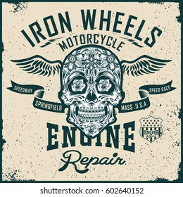 Iron wheels Motorcycle skull typography, t-shirt graphics, vectors