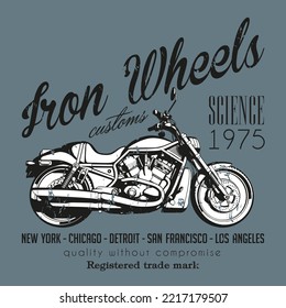 Iron wheels, vector icon for speedway motors sport. Motorcycle racing and speed moto retro grunge t-shirt print, biker motocross, or motorsport custom emblem