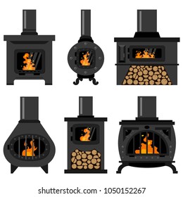 Iron Wood Burning Stove With Firewood And Fire Set. Vector Flat Old Vintage Fireplaces Isolated On A White Background.