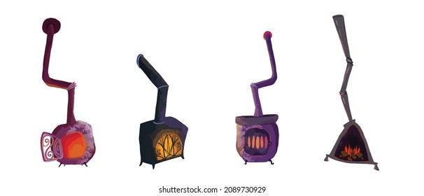 Iron wood burning stove with firewood and fire set. Vector flat old vintage fireplaces isolated on a white background.