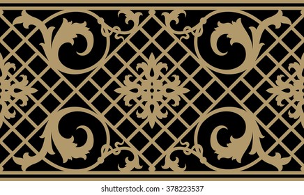Iron Work Seamless Border. Wrought Iron. Ocher on Black. Elegance Forged fence