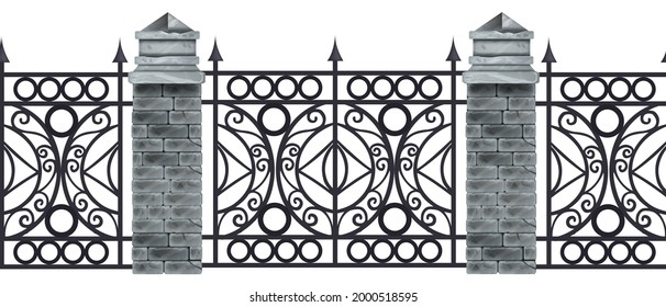 Iron wrought fence vector illustration, metal ornate seamless frame, stone brick column, black garden gate. Vintage Victorian architecture decor element, manor gothic entrance. Classic iron fence