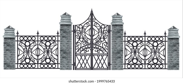 Iron wrought gate vector illustration, metal antique fence, brick stone pillars isolated on white. Black gothic ornate grate, steel manor entrance, classic park front portal. Mansion iron classic gate