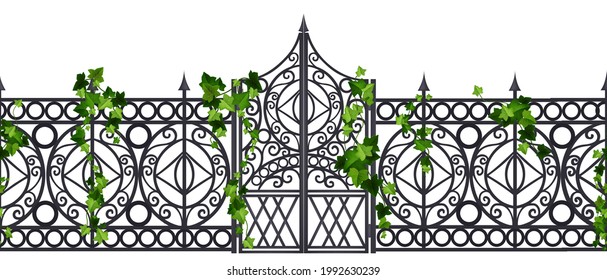 Iron Wrought Gate Vector Old Metal Fence Seamless Border, Steel Garden Ornament Door, Ivy Leaf, Climber. Black Antique Gothic Entrance, Vintage Victorian Architecture Element. Iron Gate Illustration