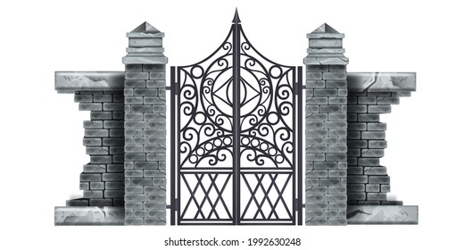 Iron wrought gothic metal gate, stone column, brick wall, decorated steel vector mansion entrance. Antique vintage architecture object, facade black Victorian grate. Classic iron gate illustration