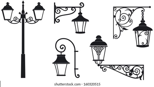 Iron wrought lanterns with decorative ornaments. Vector illustration