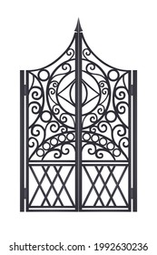 Iron wrought metal gate, vector old ornate fence, black steel garden, mansion antique vintage door. Gothic architecture facade illustration, manor entrance. Iron retro park gate isolated on white