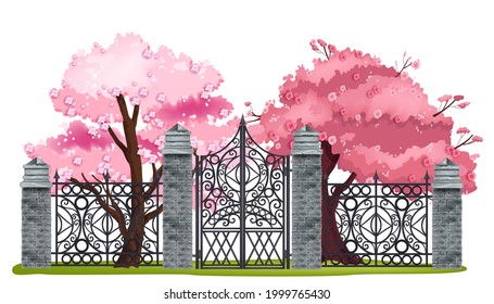 Iron wrought park gate, vector metal mansion ornate fence illustration, classic park entrance. Stone pillars, brick columns, pink blooming trees, Victorian old manor grate. Iron vintage garden gate