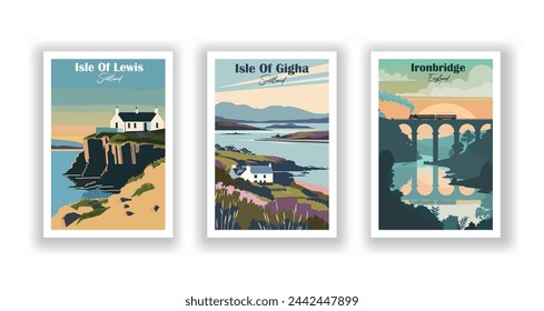 Ironbridge, England. Isle Of Gigha, Scotland. Isle Of Lewis, Scotland - Set of 3 Vintage Travel Posters. Vector illustration. High Quality Prints