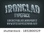 Ironclad alphabet font. 3D metal letters and numbers. Stock vector typescript for your design.