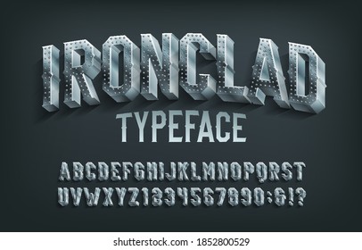 Ironclad alphabet font. 3D metal letters and numbers. Stock vector typescript for your design.