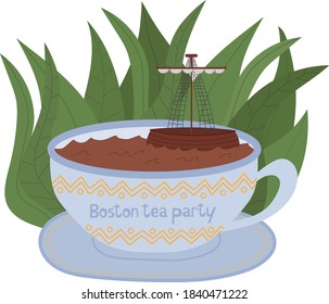 An ironic illustration of the Boston Tea Party. Vector illustration with a cup of tea in which a ship floats. Blue cup with the words "Boston Tea Party".