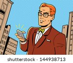 Ironic Illustration of a Retro 1940s or 1950s Man With Glasses, Bow Tie and Modern Smartphone