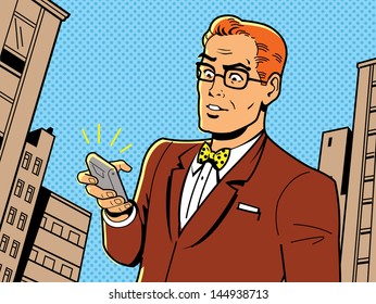 Ironic Illustration Of A Retro 1940s Or 1950s Man With Glasses, Bow Tie And Modern Smartphone