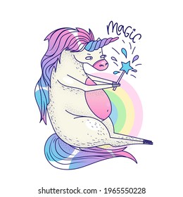 Ironic illustration of a sad unicorn sitting. Tired of doing magic. Print for postcards, posters, clothes.