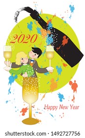 Ironic illustration to wish Happy New Year with black silhouette of bottle, wine and pair of lovers