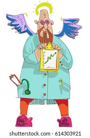 An ironic imagination of favorable medical prognosis. A physician with black wings. Caricature. Cartoon.