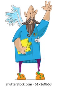 An ironic imagination of favorable medical prognosis. A physician with white wings. Caricature. Cartoon.
