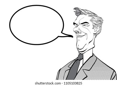 Ironic man. Malevolent politician. Cartoon character. Halftone background.
