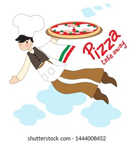 Ironic pizza maker in flight with takeaway pizza to take away