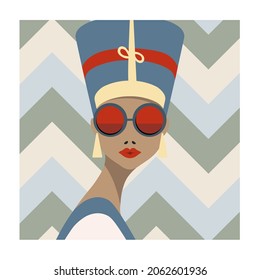 Ironic portrait Head of Egyptian Pharaoh woman wearing modern sunglasses