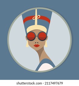 Ironic portrait Head of Egyptian Pharaoh woman wearing modern sunglasses