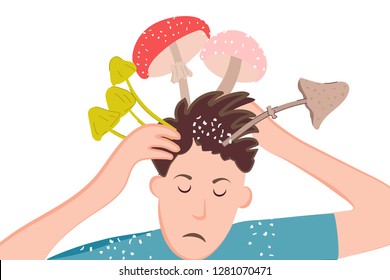 Ironic poster of dandruff problem on the head. Mushrooms and toadstools in the mind of a person due to dermatological diseases. Vector illustration for medical banner