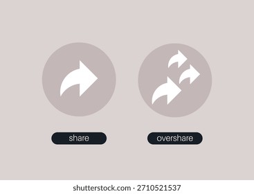 Ironic representation of sharing versus oversharing, featuring two arrows on a soft background, The left shows a simple share icon, while the right illustrates multiple arrows for oversharing.