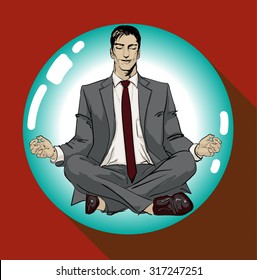 Ironic Satirical Illustration of a Classic Comics Man. Tired businessman working Peace of Mind Silhouette of a man figure meditating on a ball bubble. Calm businessman sitting in yoga asana & smiling.