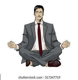 Ironic Satirical Illustration of a Classic Comics Man. Tired businessman working Peace of Mind Silhouette of a man figure meditating on a ball bubble. Calm businessman sitting in yoga asana & smiling.