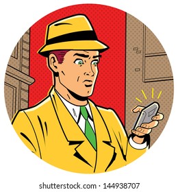 Ironic Satirical Illustration of a Retro Classic Comics Man With a Fedora and a Modern Smartphone