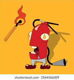 An ironic vector clipart with an image of a hungry fire extinguisher. Fire extinguisher and match.