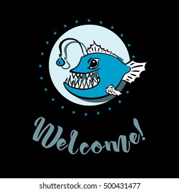 Ironic vector illustration with angler fish.
Illustration for logo / sign / emblem.