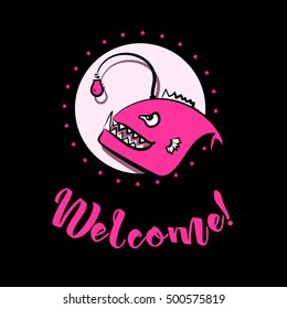 Ironic vector illustration with angler fish.
Illustration for logo / sign / emblem.