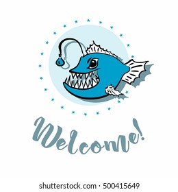 Ironic vector illustration with blue angler fish.
Illustration for logo / sign / emblem.