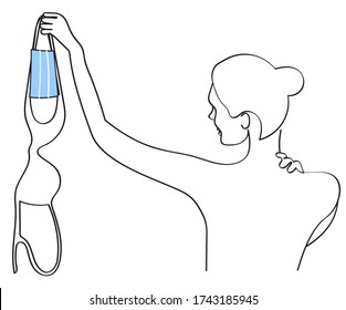 ironic vector linear hand-drawn illustration with humor on the theme of quitting quarantine. beautiful young girl elegantly takes off her bra and medical mask. drawing isolated svg