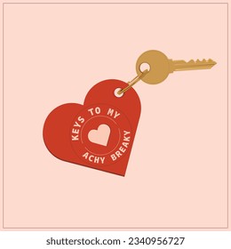 Ironic witty keychain in red heart with the word achy breaky hearts