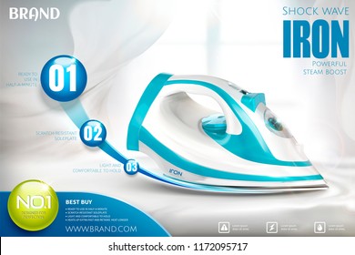 Ironing advertisement with blue and white iron on white interior background in 3d illustration