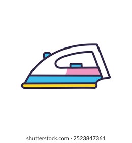 Ironing appliance. White electric iron with blue and yellow accents. Perfect for household tasks like ironing clothes.