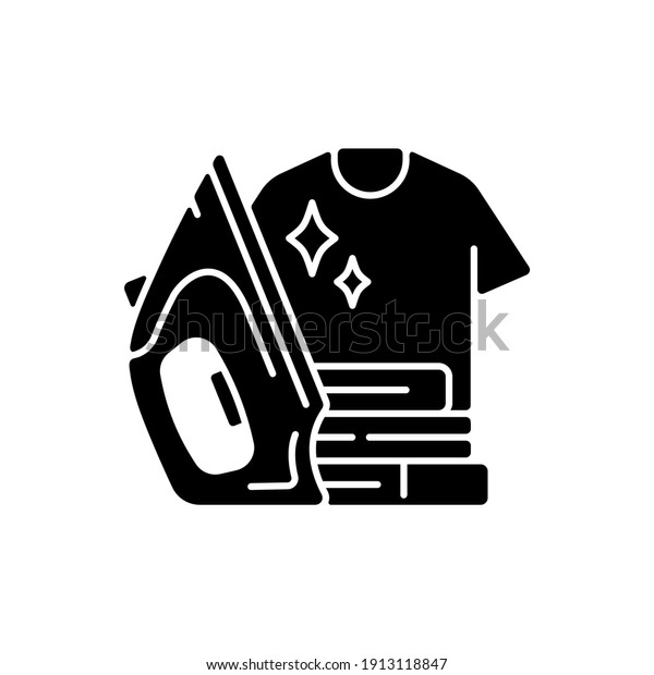 アイロンの黒い絵のアイコン 伝統的な家事 主婦の仕事 白い背景にプロのドライクリーニングサービスのシルエット記号 鉄と清潔な服 ベクターイラスト のベクター画像素材 ロイヤリティフリー